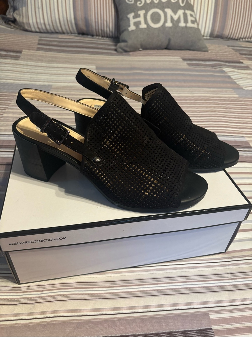 Alex Marie Black Perforated Slingback Block Heel Sandals